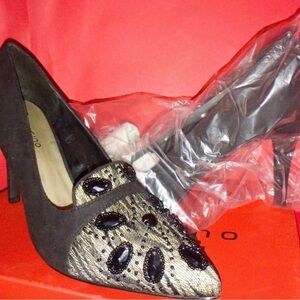 Ann Marino Black Suede Pumps with Gold Embellished Pointed Toe